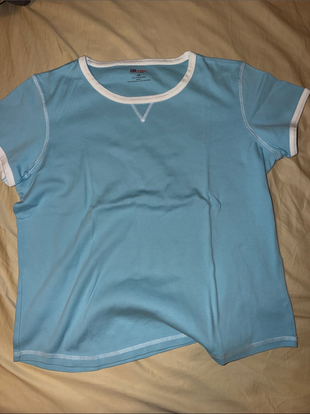 Light Blue Short Sleeve Ringer Tee with White Trim